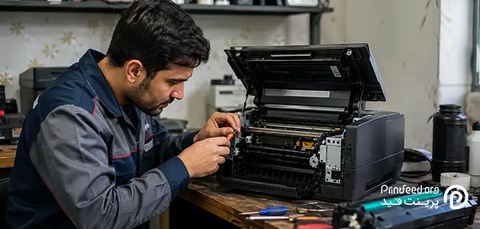 یک تعمیرکار در حال آموزش عیب یابی و تعمیر پرینتر