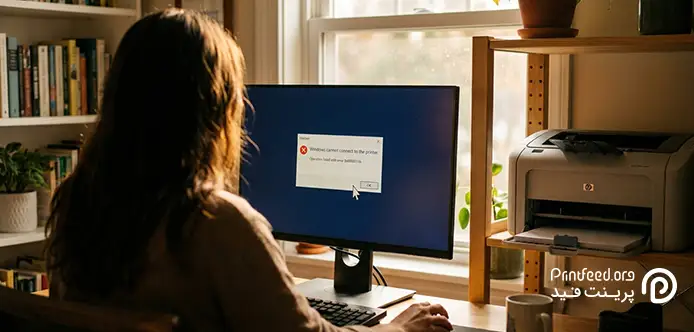 یک زن در حال رفع ارور Windows cannot connect to the printer