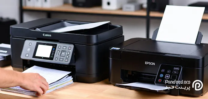 پرینترهای Canon و Epson در کنار هم روی یک میزکار