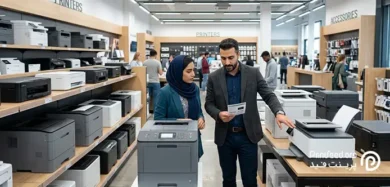 یک مرد و زن در حال خرید پرینتر